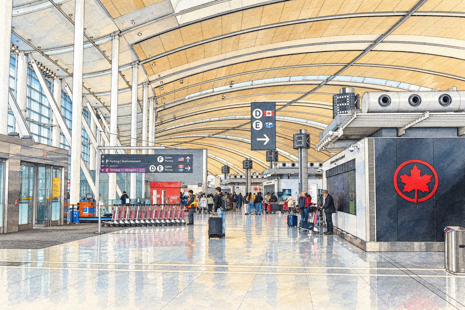 A photo-derived ink and watercolour illustration of the vaulted Terminal 1 interior at Toronto Pearson.